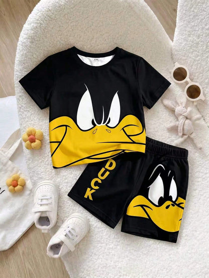 LOONEY TUNES X GraphicGems Baby Boy Summer Cute Cartoon Print Short Sleeve T-Shirt + Letter Print Shorts Set