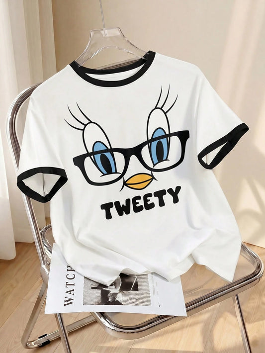 LOONEY TUNES X Women's Casual Letter & Cartoon Graphic Contrast Trim Short Sleeve T-Shirt, Summer