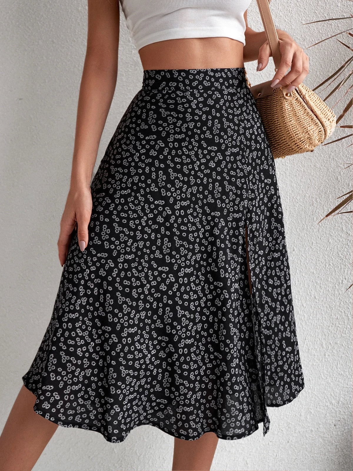 Louniche Ditsy Floral Print Split Thigh Skirt