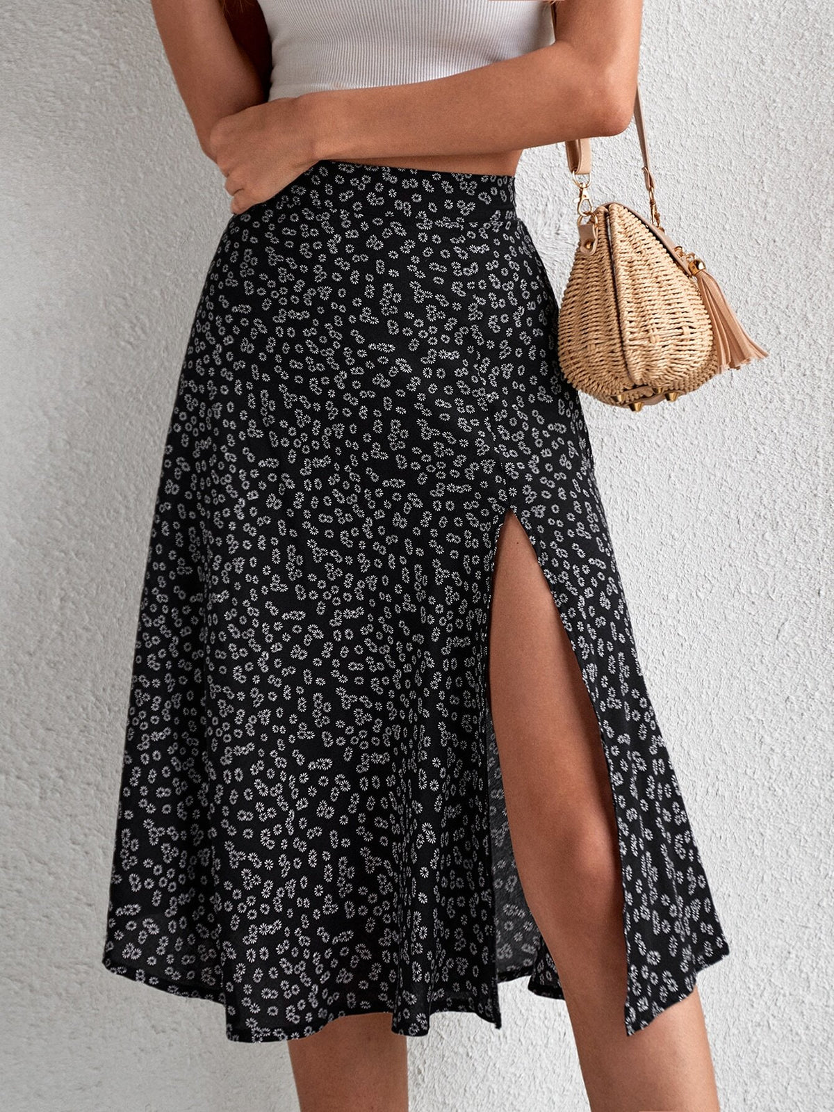 Louniche Ditsy Floral Print Split Thigh Skirt