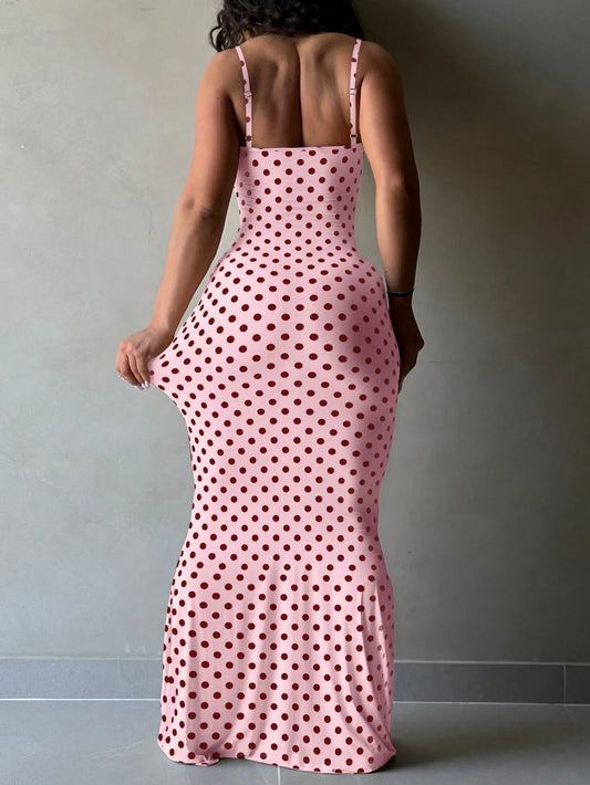 LovelyWholesale Women's Sexy Lace Trim V-Neck Adjustable Strap Bodycon Maxi Summer Dress Elegant Pink