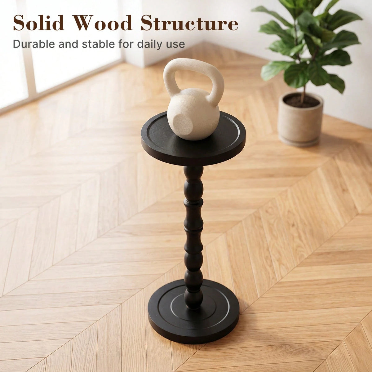 LOVEWE Solid Wood Retro Round Side Table, Floor-Standing Small Drinking Table, Tray Tabletop Side Table, Frosted Finish Surface, Wooden Color Tone