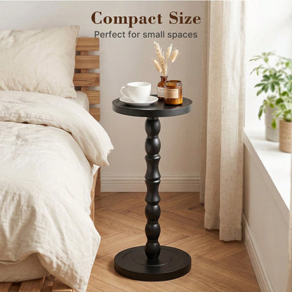 LOVEWE Solid Wood Retro Round Side Table, Floor-Standing Small Drinking Table, Tray Tabletop Side Table, Frosted Finish Surface, Wooden Color Tone