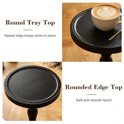 LOVEWE Solid Wood Retro Round Side Table, Floor-Standing Small Drinking Table, Tray Tabletop Side Table, Frosted Finish Surface, Wooden Color Tone