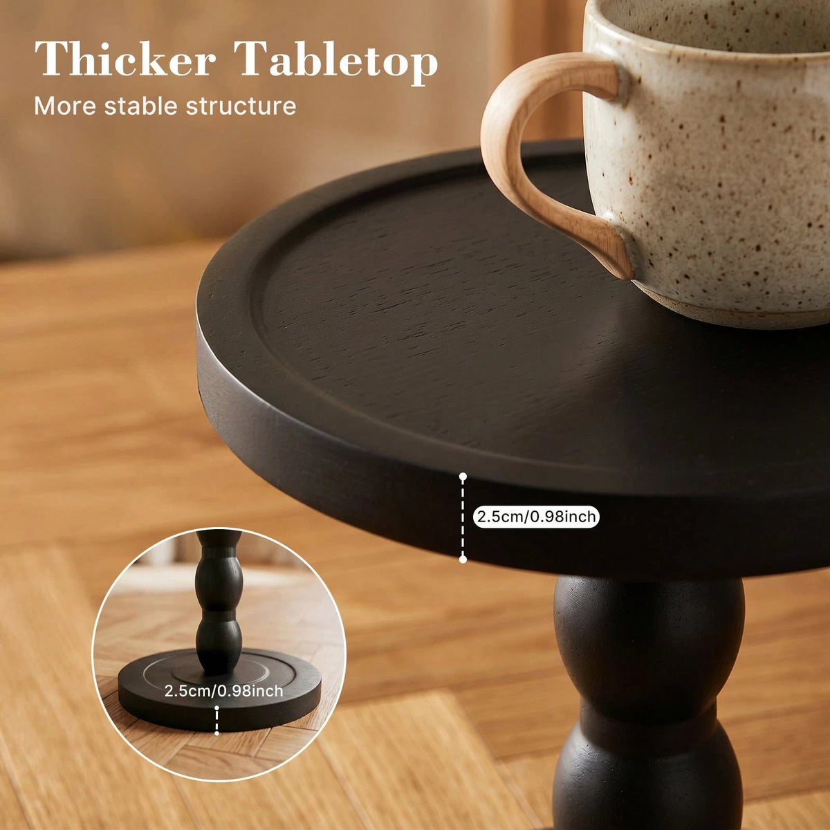 LOVEWE Solid Wood Retro Round Side Table, Floor-Standing Small Drinking Table, Tray Tabletop Side Table, Frosted Finish Surface, Wooden Color Tone