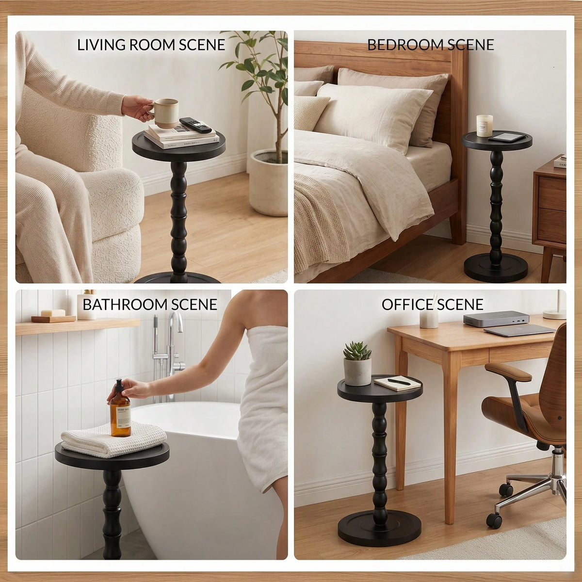 LOVEWE Solid Wood Retro Round Side Table, Floor-Standing Small Drinking Table, Tray Tabletop Side Table, Frosted Finish Surface, Wooden Color Tone