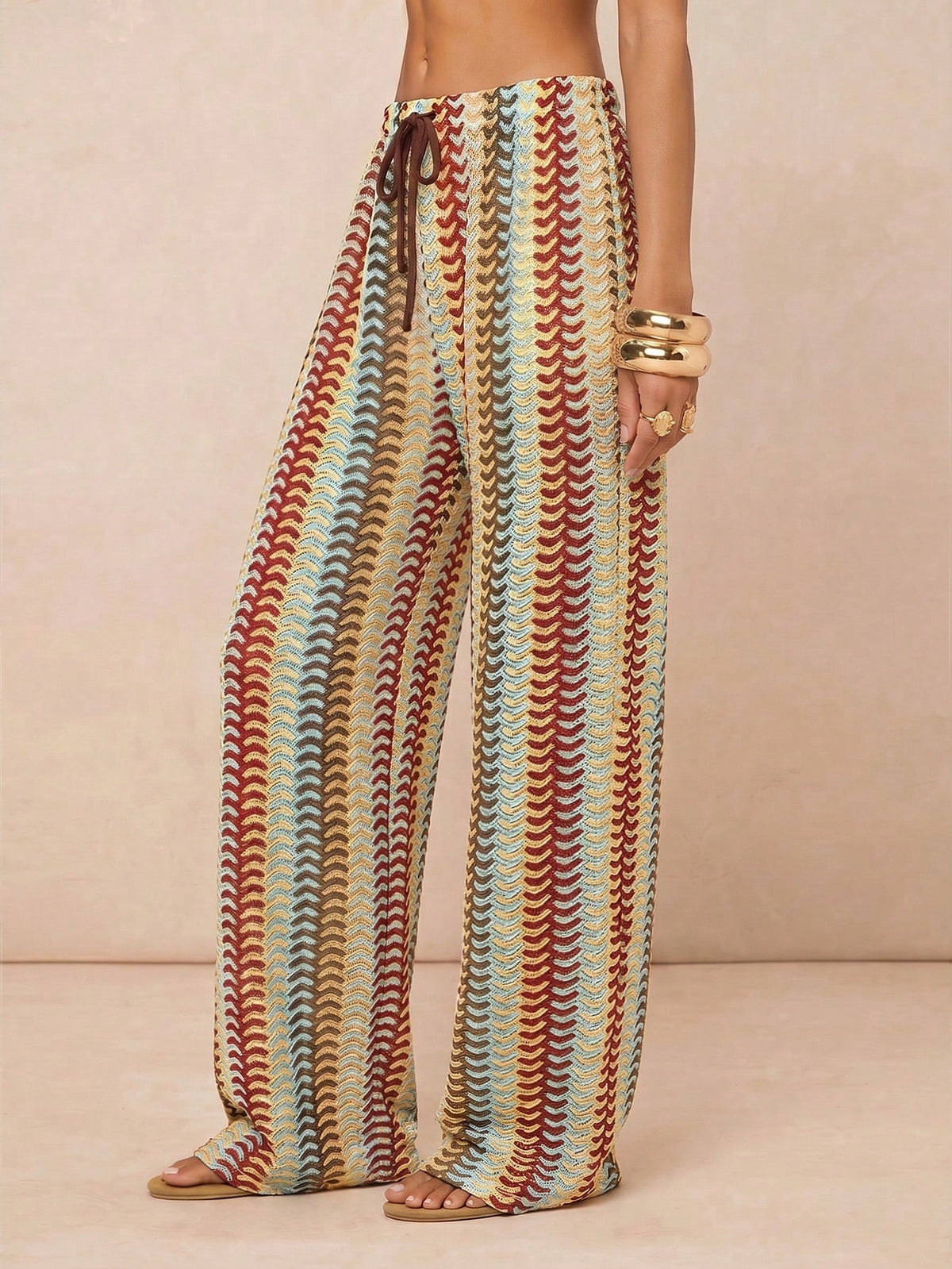 Lumalex Beige Knit Jacquard Fabric Sexy Boho Breezy Beach Vacation Seaside Women's Summer Wide Leg Relaxed Fit Long Pants Cover Up Luxury Outfits Ibiza