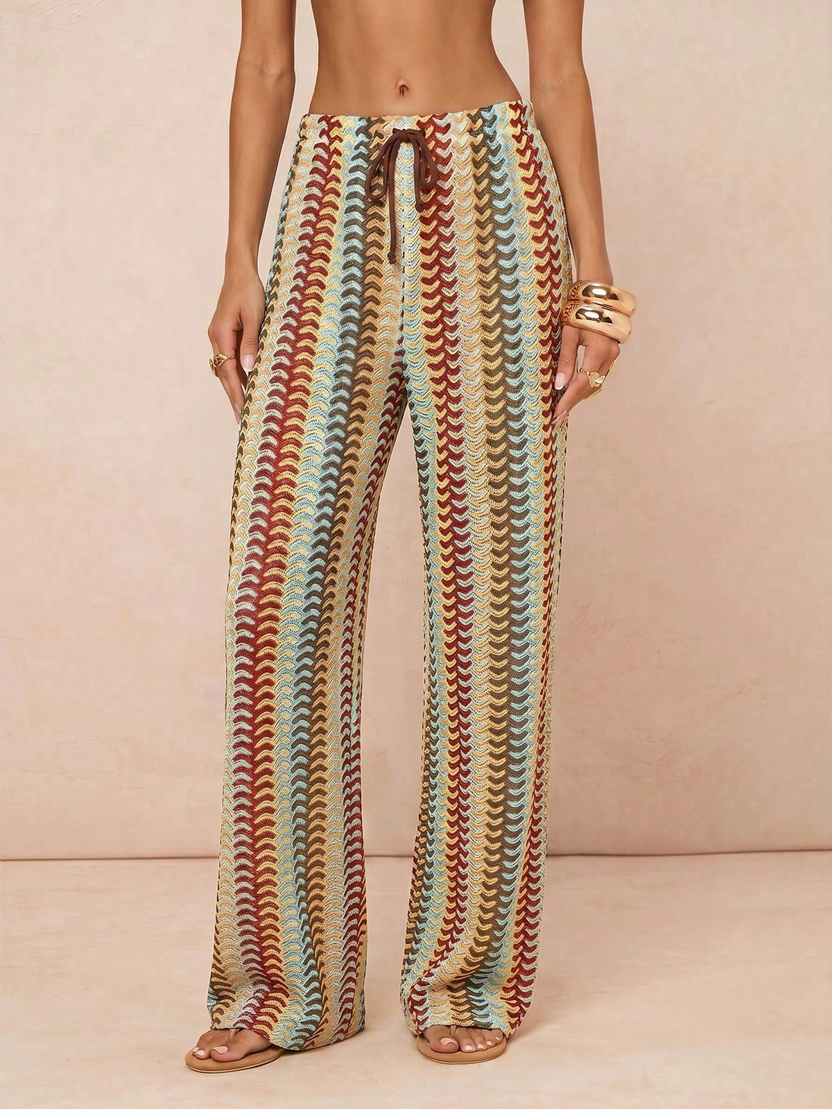 Lumalex Beige Knit Jacquard Fabric Sexy Boho Breezy Beach Vacation Seaside Women's Summer Wide Leg Relaxed Fit Long Pants Cover Up Luxury Outfits Ibiza