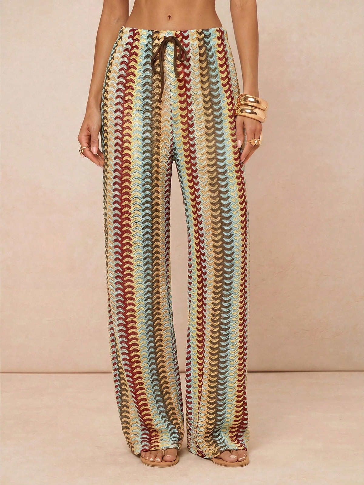Lumalex Beige Knit Jacquard Fabric Sexy Boho Breezy Beach Vacation Seaside Women's Summer Wide Leg Relaxed Fit Long Pants Cover Up Luxury Outfits Ibiza