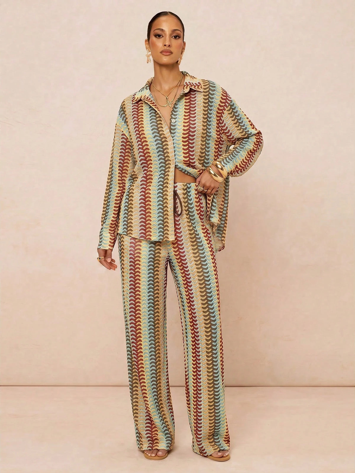 Lumalex Beige Knit Jacquard Fabric Sexy Boho Breezy Beach Vacation Seaside Women's Summer Wide Leg Relaxed Fit Long Pants Cover Up Luxury Outfits Ibiza
