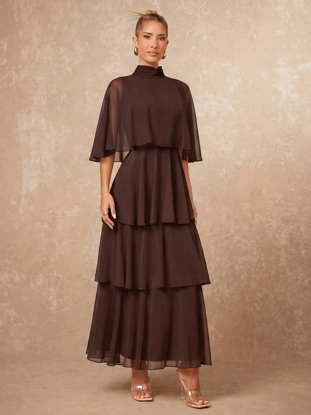 Lumalex Elegant Multi-Layer Sleeveless Long Cake Skirt, Autumn/Winter New Arrival Dining Dark Brown,Wedding Guest,Graduation Dress