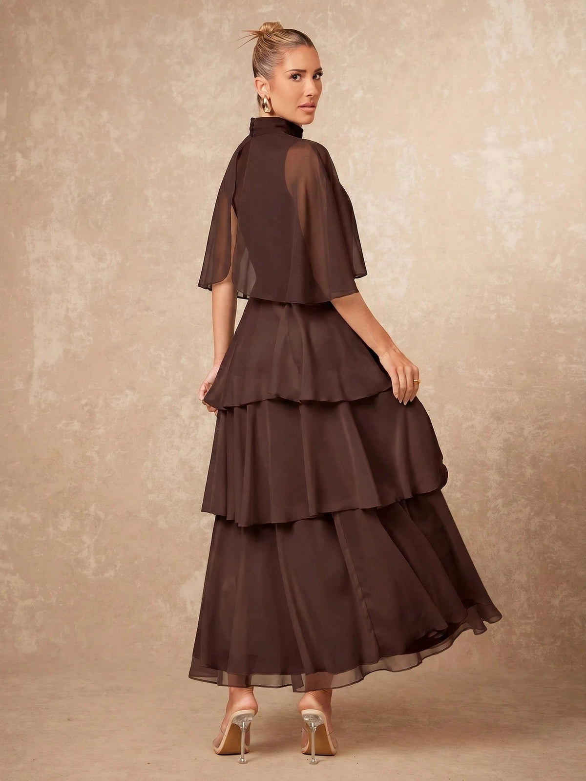 Lumalex Elegant Multi-Layer Sleeveless Long Cake Skirt, Autumn/Winter New Arrival Dining Dark Brown,Wedding Guest,Graduation Dress