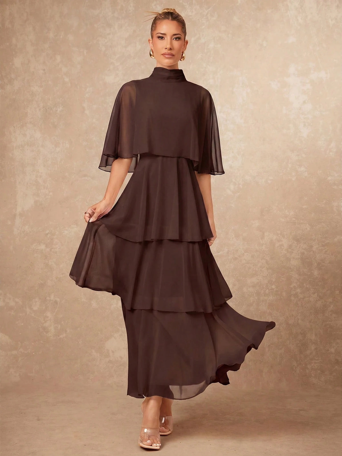 Lumalex Elegant Multi-Layer Sleeveless Long Cake Skirt, Autumn/Winter New Arrival Dining Dark Brown,Wedding Guest,Graduation Dress