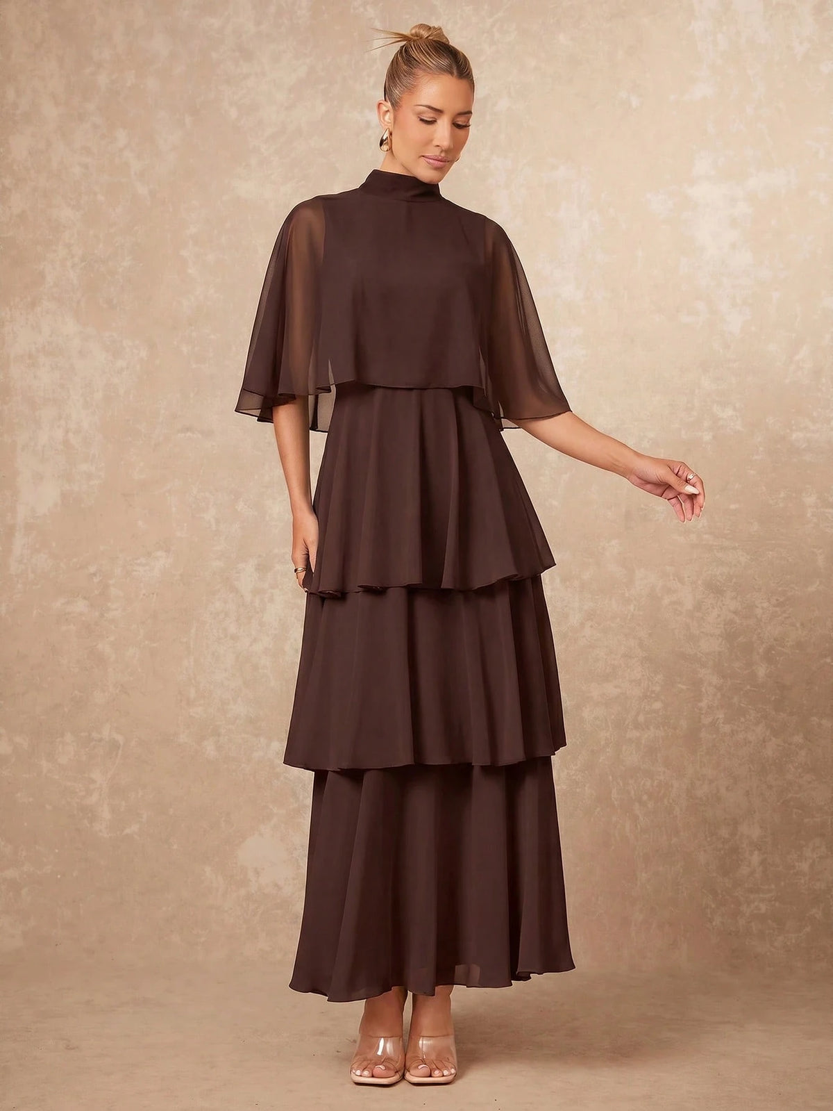 Lumalex Elegant Multi-Layer Sleeveless Long Cake Skirt, Autumn/Winter New Arrival Dining Dark Brown,Wedding Guest,Graduation Dress
