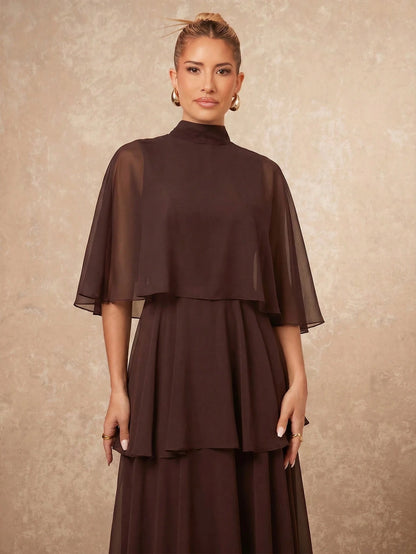 Lumalex Elegant Multi-Layer Sleeveless Long Cake Skirt, Autumn/Winter New Arrival Dining Dark Brown,Wedding Guest,Graduation Dress