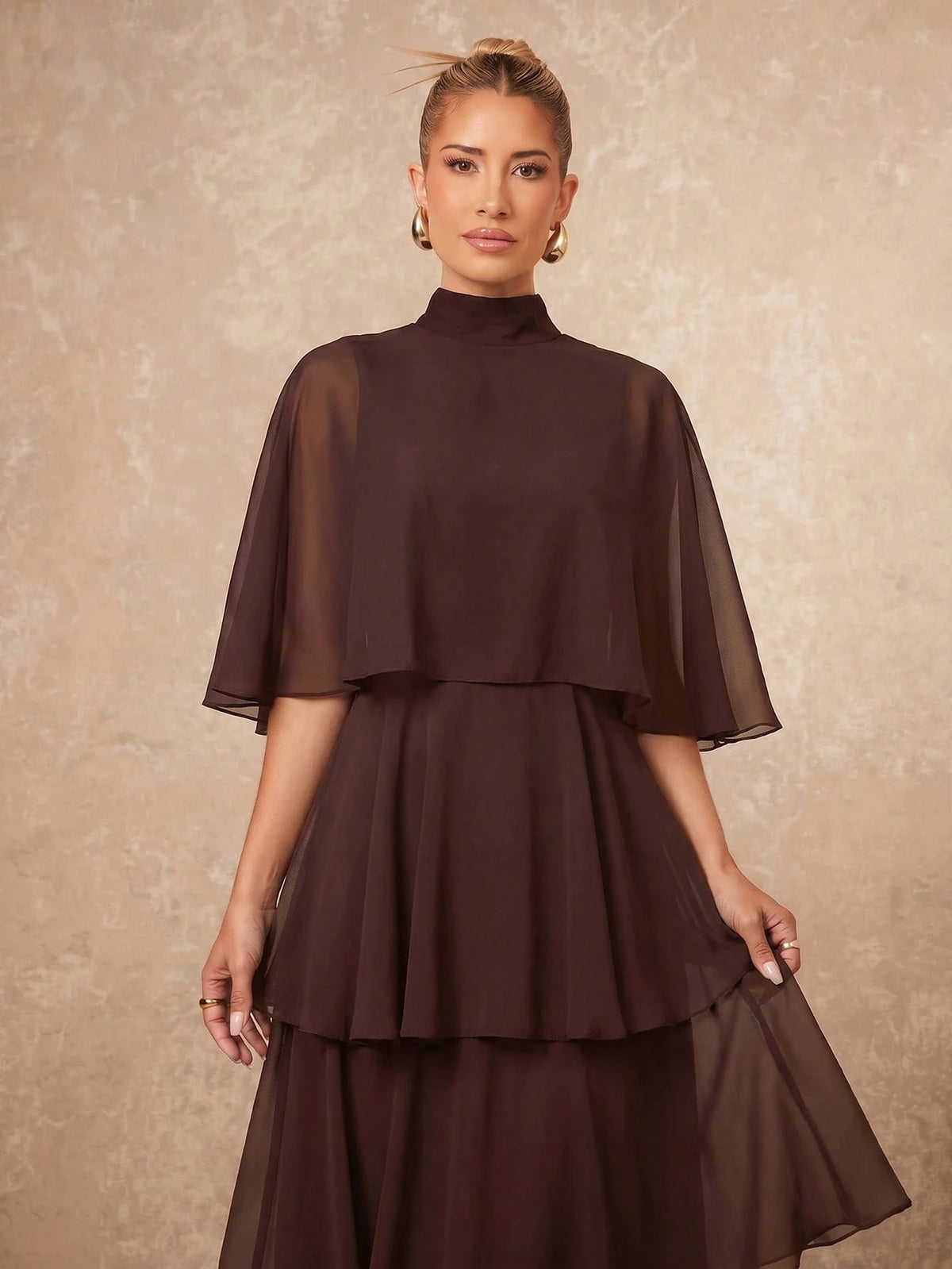 Lumalex Elegant Multi-Layer Sleeveless Long Cake Skirt, Autumn/Winter New Arrival Dining Dark Brown,Wedding Guest,Graduation Dress
