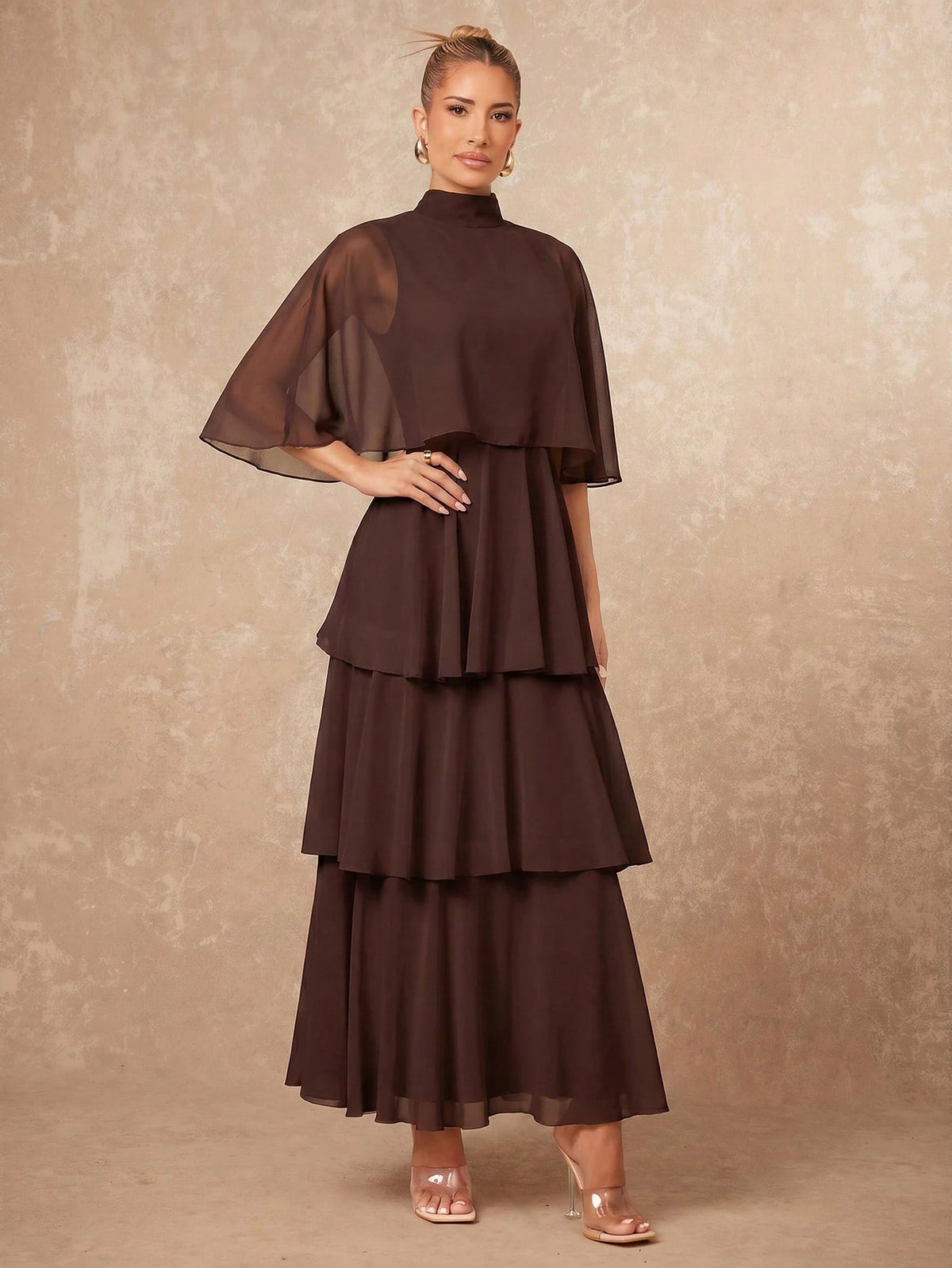 Lumalex Elegant Multi-Layer Sleeveless Long Cake Skirt, Autumn/Winter New Arrival Dining Dark Brown,Wedding Guest,Graduation Dress