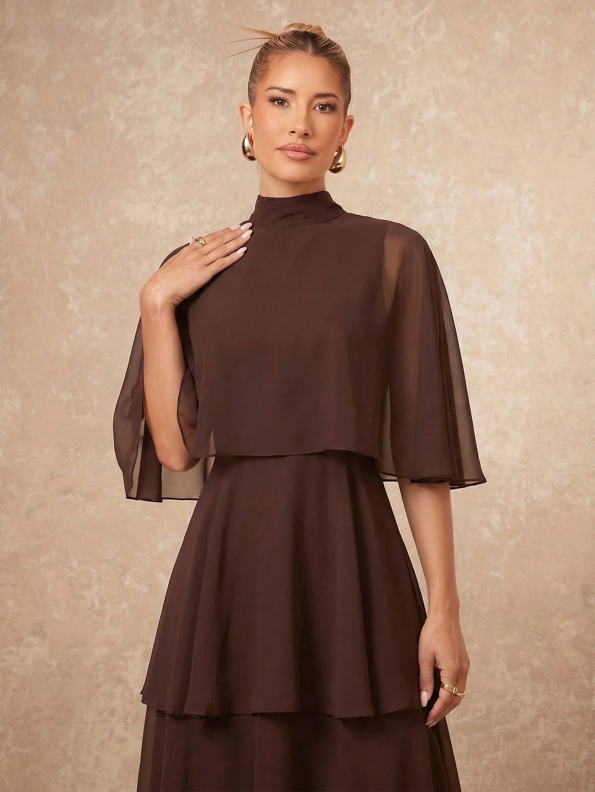 Lumalex Elegant Multi-Layer Sleeveless Long Cake Skirt, Autumn/Winter New Arrival Dining Dark Brown,Wedding Guest,Graduation Dress