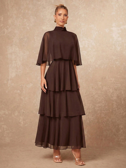 Lumalex Elegant Multi-Layer Sleeveless Long Cake Skirt, Autumn/Winter New Arrival Dining Dark Brown,Wedding Guest,Graduation Dress