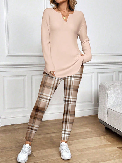 LUNE 2pcs/Set Women Long Sleeve T-Shirt And Leggings,Beige Autumn Casual Lounge Wear,Comfortable 2 Pieces Sets,Work From Home Breakfast Outfits For Women