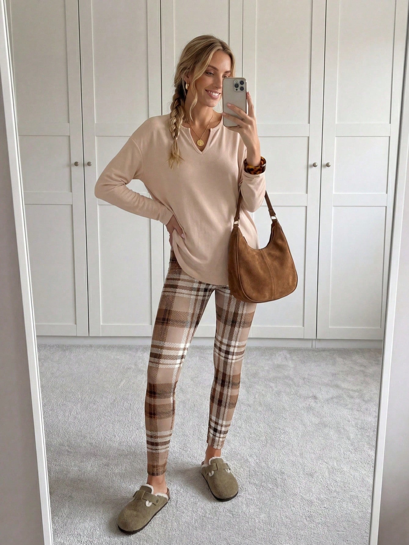 LUNE 2pcs/Set Women Long Sleeve T-Shirt And Leggings,Beige Autumn Casual Lounge Wear,Comfortable 2 Pieces Sets,Work From Home Breakfast Outfits For Women