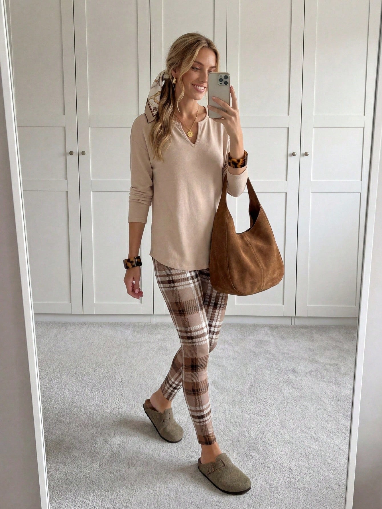 LUNE 2pcs/Set Women Long Sleeve T-Shirt And Leggings,Beige Autumn Casual Lounge Wear,Comfortable 2 Pieces Sets,Work From Home Breakfast Outfits For Women