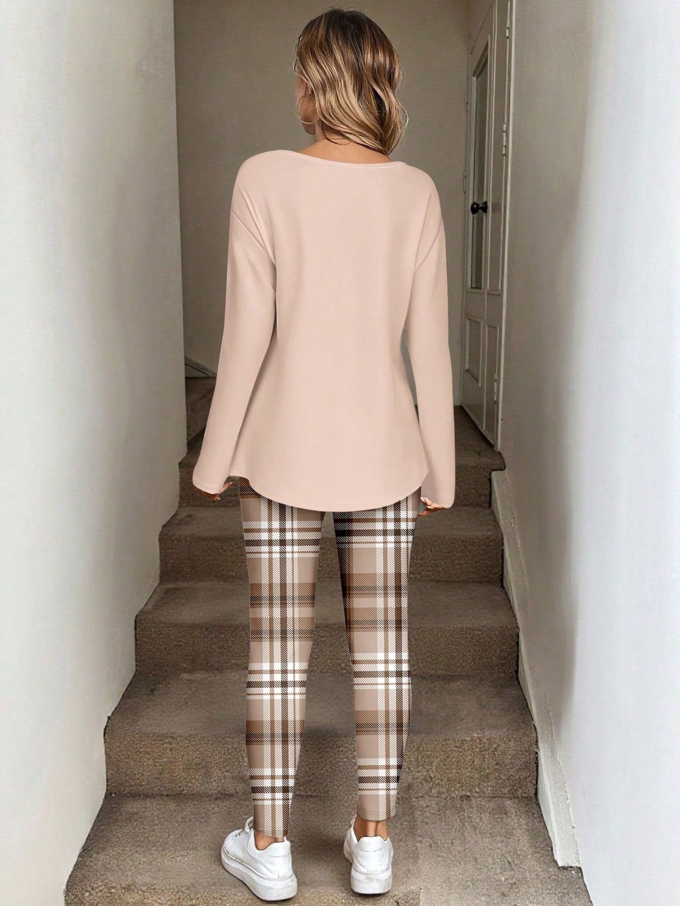 LUNE 2pcs/Set Women Long Sleeve T-Shirt And Leggings,Beige Autumn Casual Lounge Wear,Comfortable 2 Pieces Sets,Work From Home Breakfast Outfits For Women