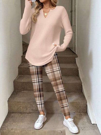 LUNE 2pcs/Set Women Long Sleeve T-Shirt And Leggings,Beige Autumn Casual Lounge Wear,Comfortable 2 Pieces Sets,Work From Home Breakfast Outfits For Women