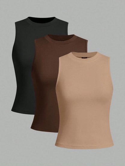 LUNE 3pcs/Set Women's Crew Neck Fitted Tank Top, Suitable For Spring/Summer Basic