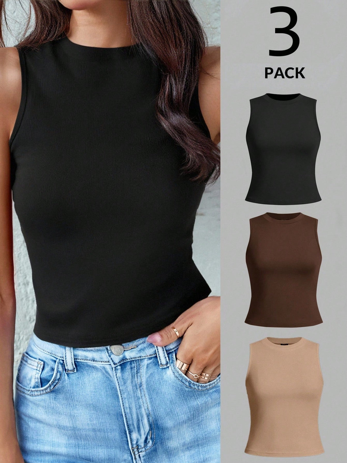 LUNE 3pcs/Set Women's Crew Neck Fitted Tank Top, Suitable For Spring/Summer Basic