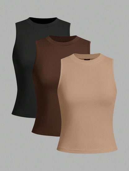 LUNE 3pcs/Set Women's Crew Neck Fitted Tank Top, Suitable For Spring/Summer Basic