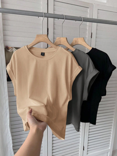 LUNE 3pcs Women Casual Solid Color Basic Short Sleeve T-Shirt Tops Plain Comfy Clothes T-Shirts Tops,Summer Top For Basics