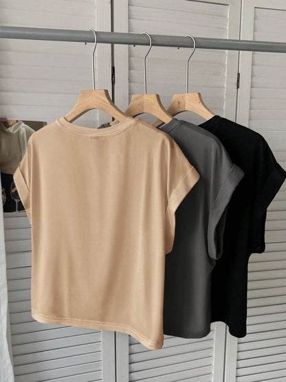 LUNE 3pcs Women Casual Solid Color Basic Short Sleeve T-Shirt Tops Plain Comfy Clothes T-Shirts Tops,Summer Top For Basics