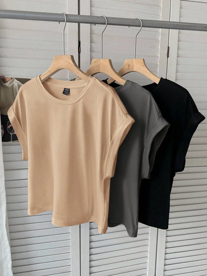 LUNE 3pcs Women Casual Solid Color Basic Short Sleeve T-Shirt Tops Plain Comfy Clothes T-Shirts Tops,Summer Top For Basics