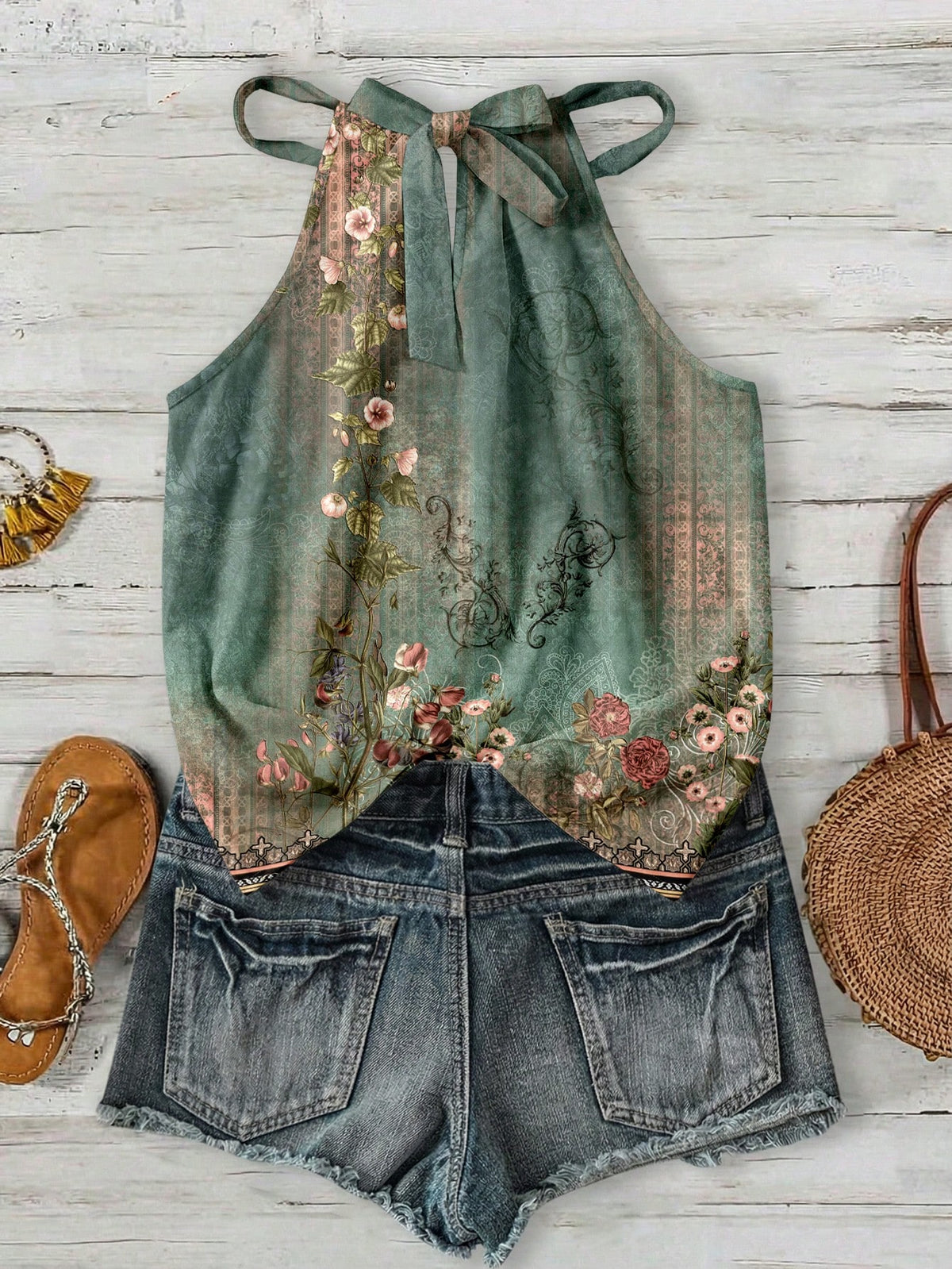 LUNE Bohemian Light Green Halter Neck Camisole,Brown Floral Summer Boho Holiday Vacation Holiday Print Summer Top For Beach,Cruise,Music Festival,Concert