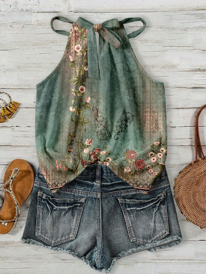LUNE Bohemian Light Green Halter Neck Camisole,Brown Floral Summer Boho Holiday Vacation Holiday Print Summer Top For Beach,Cruise,Music Festival,Concert