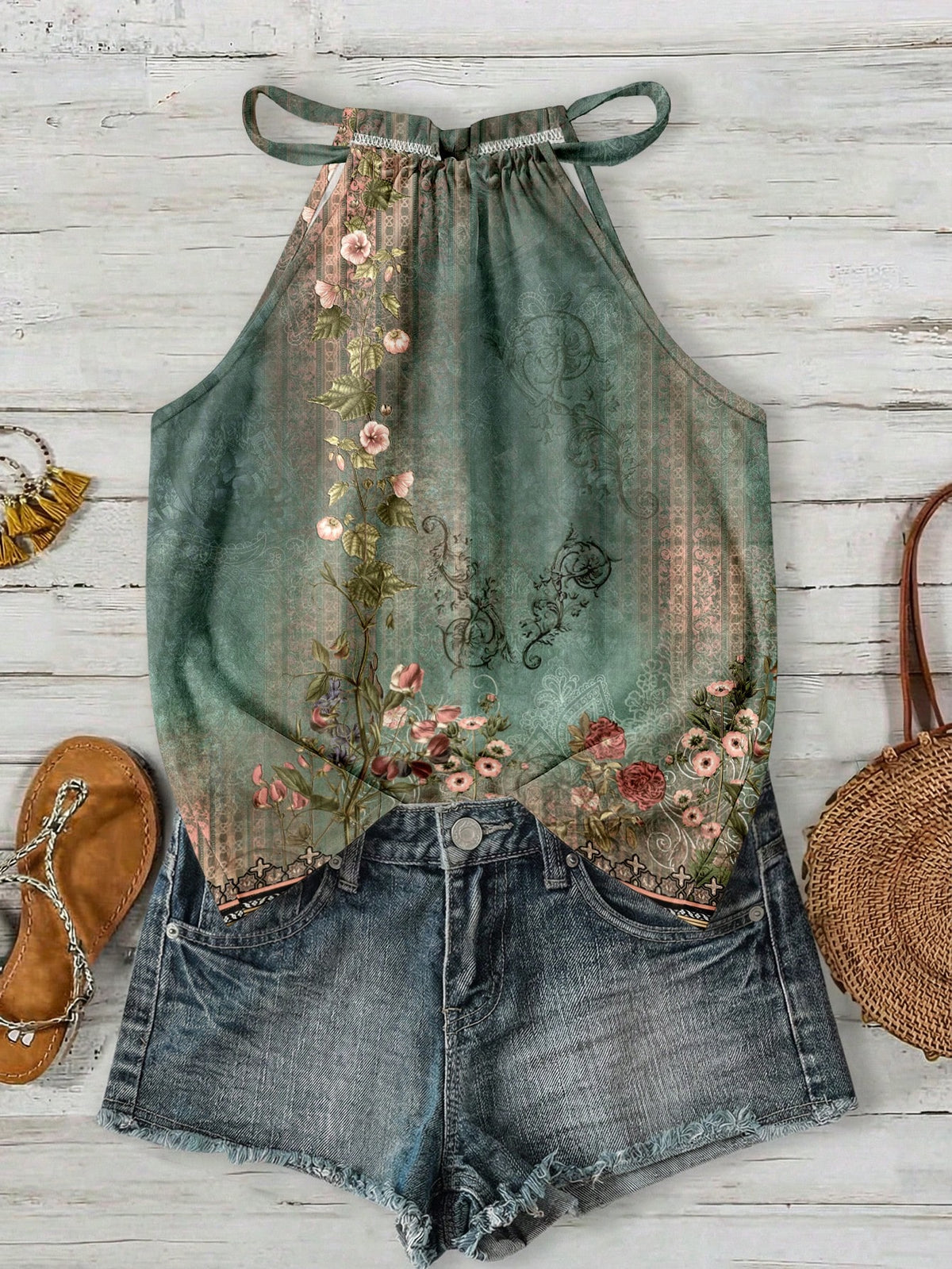LUNE Bohemian Light Green Halter Neck Camisole,Brown Floral Summer Boho Holiday Vacation Holiday Print Summer Top For Beach,Cruise,Music Festival,Concert