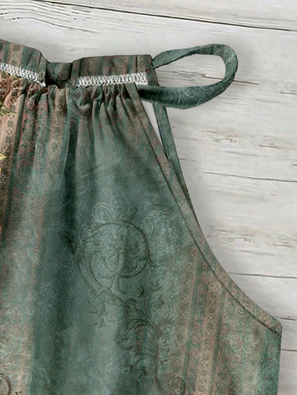 LUNE Bohemian Light Green Halter Neck Camisole,Brown Floral Summer Boho Holiday Vacation Holiday Print Summer Top For Beach,Cruise,Music Festival,Concert