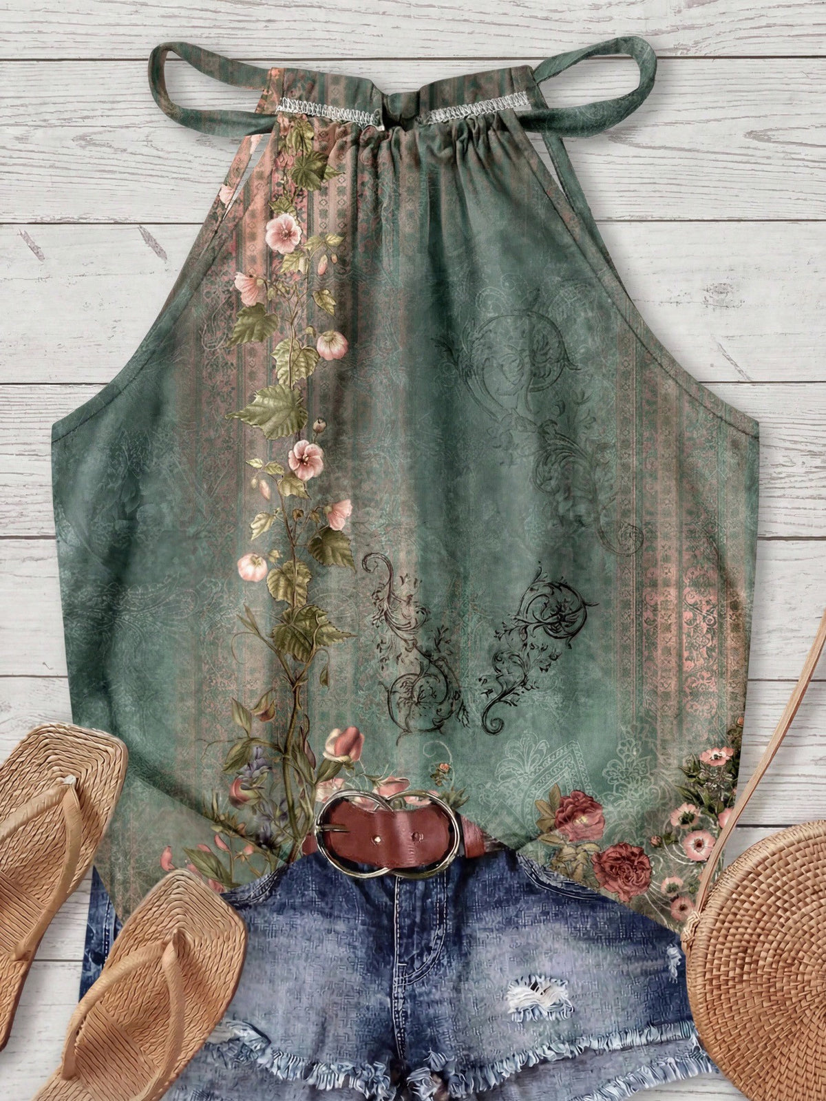 LUNE Bohemian Light Green Halter Neck Camisole,Brown Floral Summer Boho Holiday Vacation Holiday Print Summer Top For Beach,Cruise,Music Festival,Concert