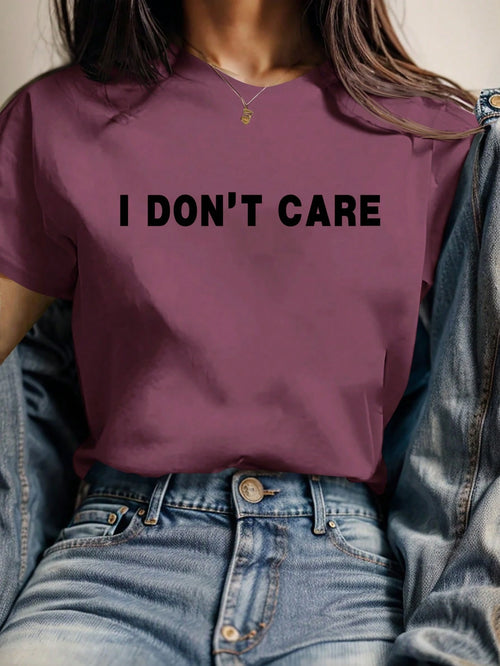 LUNE Casual "I DON'T CARE" Letter Print Regular Crew Neck Short Sleeve Women T-Shirt, Suitable For Summer Suitable For Going Out,Casual