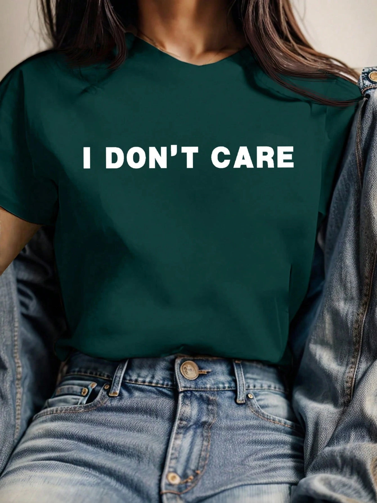 LUNE Casual "I DON'T CARE" Letter Print Regular Crew Neck Short Sleeve Women T-Shirt, Suitable For Summer Suitable For Going Out,Casual