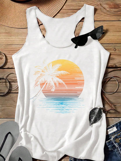 LUNE Casual Sunset Beach Coconut Tree Graphic Women Summer Tank Top Top Back To School,Casual