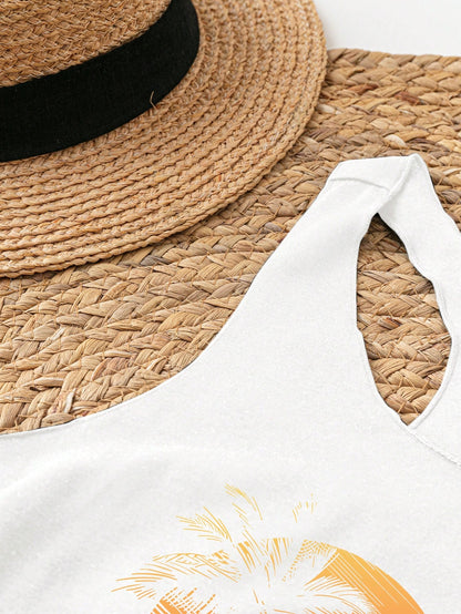 LUNE Casual Sunset Beach Coconut Tree Graphic Women Summer Tank Top Top Back To School,Casual
