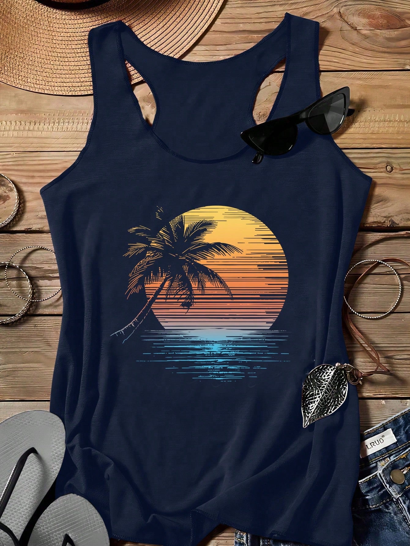 LUNE Casual Sunset Beach Coconut Tree Graphic Women Summer Tank Top Top Back To School,Casual