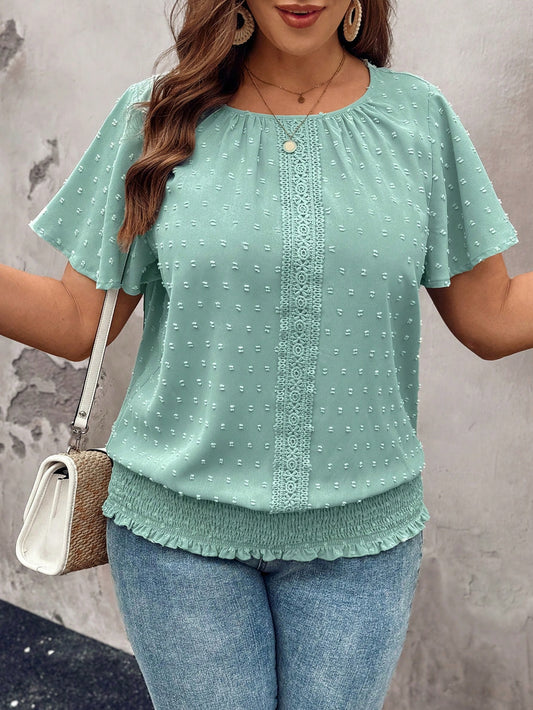 LUNE Lace Decorated Round Neck Loose Fit Shirt With Elastic Bottom Hem Short Sleeves, Plus Size