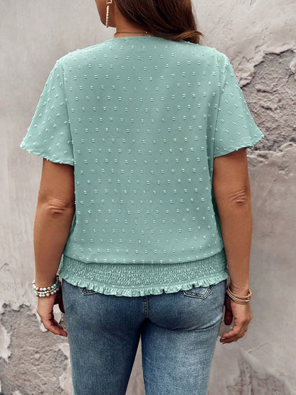 LUNE Lace Decorated Round Neck Loose Fit Shirt With Elastic Bottom Hem Short Sleeves, Plus Size