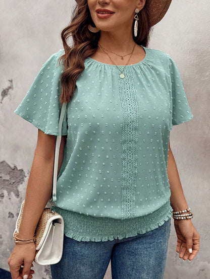 LUNE Lace Decorated Round Neck Loose Fit Shirt With Elastic Bottom Hem Short Sleeves, Plus Size