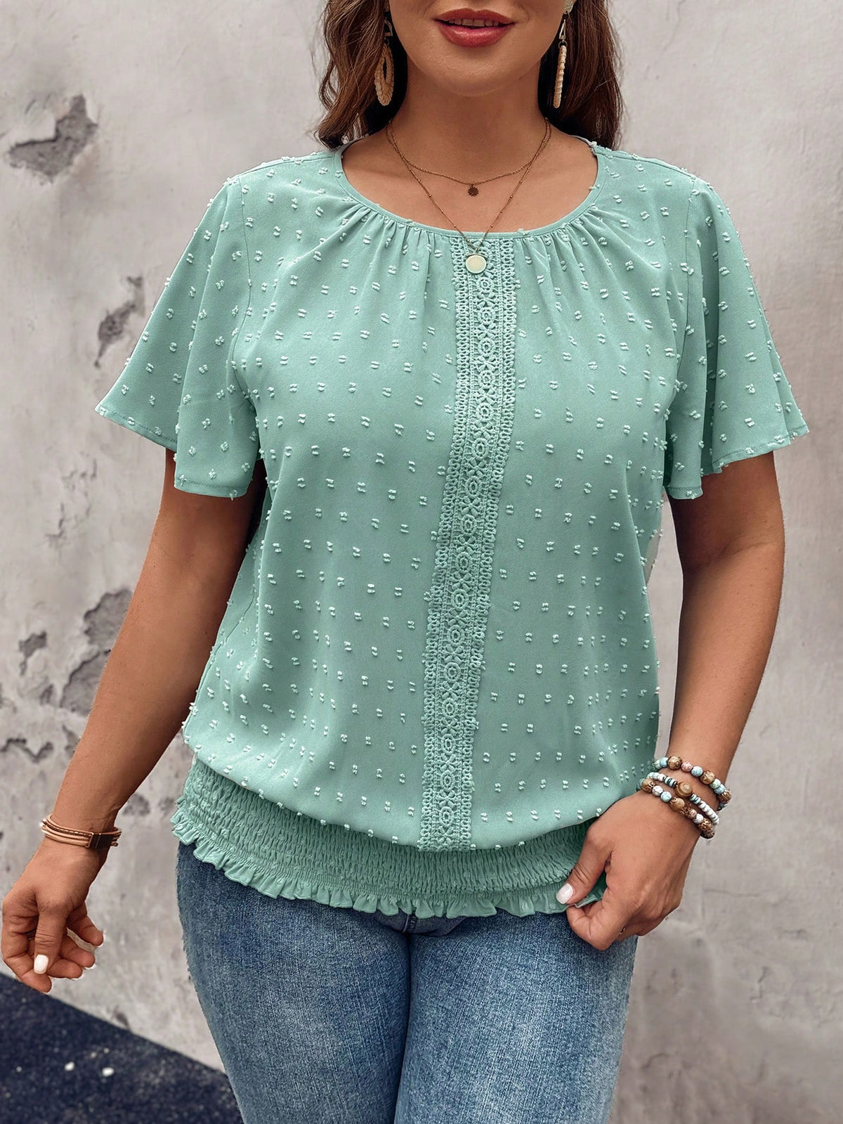 LUNE Lace Decorated Round Neck Loose Fit Shirt With Elastic Bottom Hem Short Sleeves, Plus Size