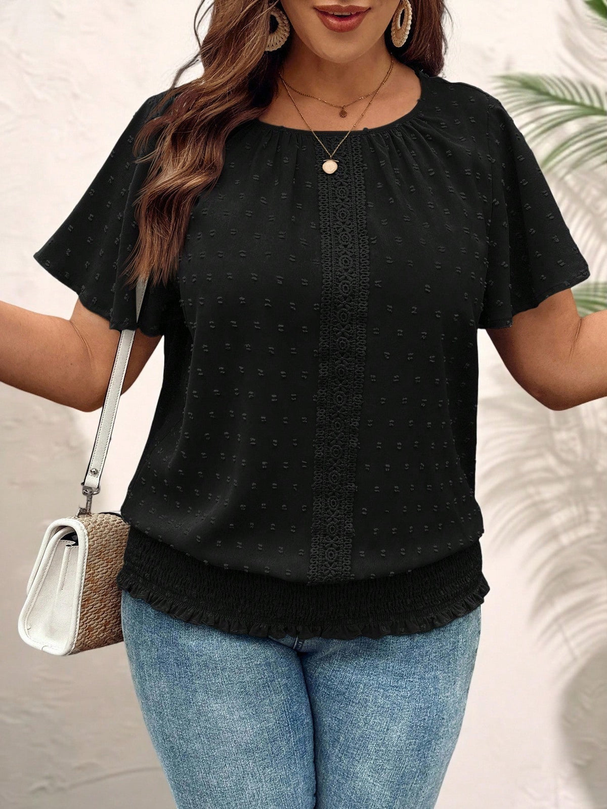 LUNE Lace Decorated Round Neck Loose Fit Shirt With Elastic Bottom Hem Short Sleeves, Plus Size