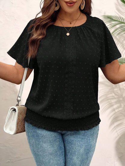 LUNE Lace Decorated Round Neck Loose Fit Shirt With Elastic Bottom Hem Short Sleeves, Plus Size